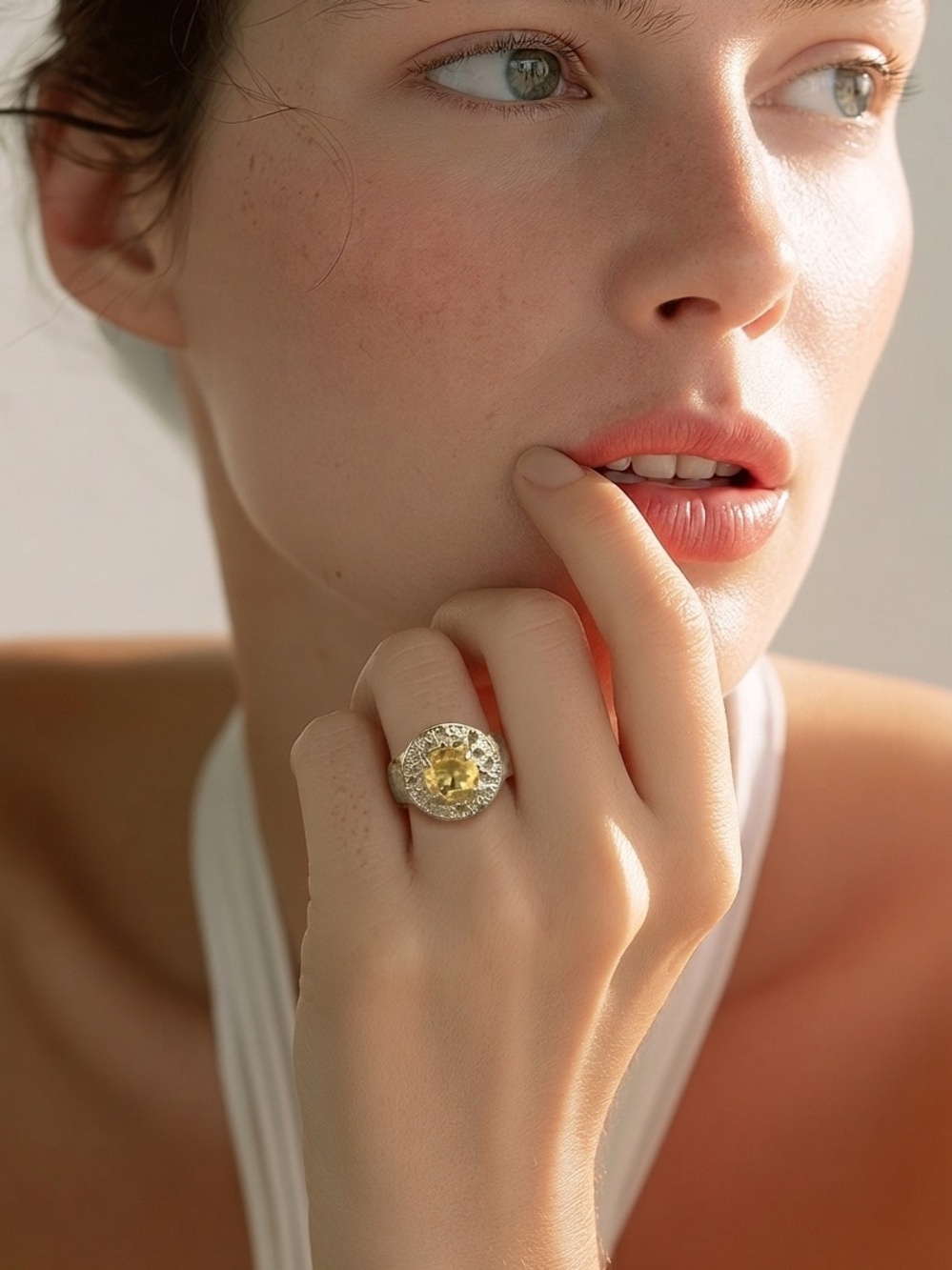 Elegant Gold-Tone Yellow Gemstone Halo Ring - Women Jewelry Size 6